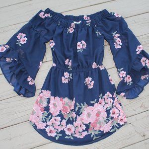 BLUSH Off the Shoulder Navy Floral Dress 3/4 Sleev